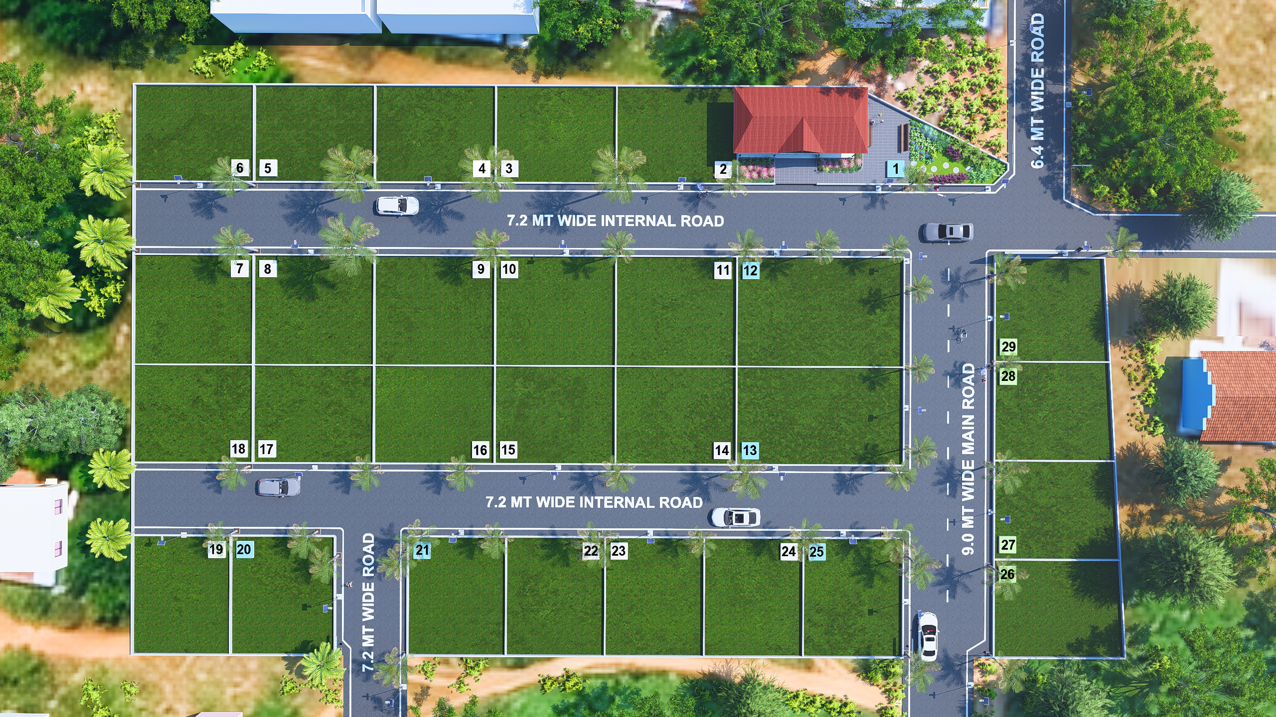 Aerial site layout plan with numbered plots